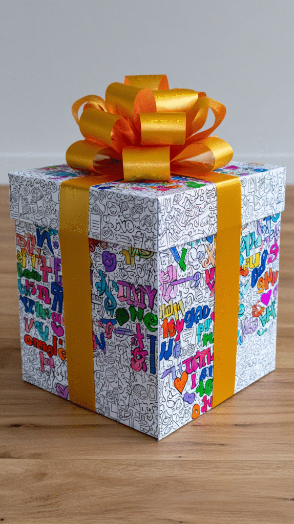 wrapped gift box with finished coloring pages
